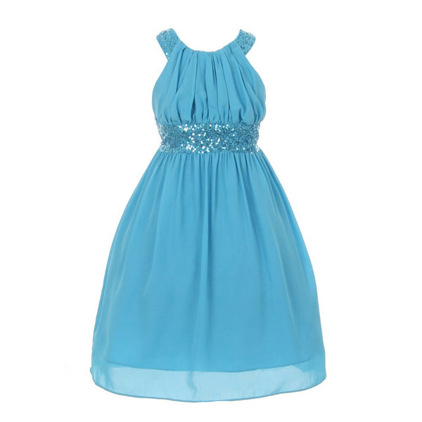 Cinderella Couture Little Girls Turquoise Dazzling Sequin Pleated Dress 8-14 - SophiasStyle.com